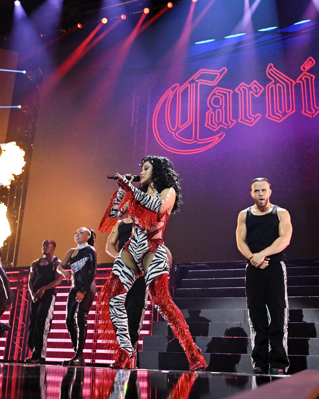 The full set: flames, dancers and the neon — nearly a dozen hits from "WAP" to "AH HA." Photo: Getty Images via iHeart, editorial use.